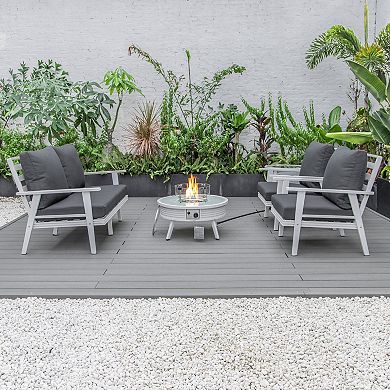 LeisureMod Walbrooke Modern White Patio Conversation With Round Fire Pit With Slats Design & Tank Holder