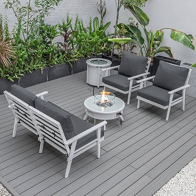 LeisureMod Walbrooke Modern White Patio Conversation With Round Fire Pit With Slats Design & Tank Holder