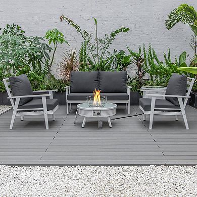LeisureMod Walbrooke Modern White Patio Conversation With Round Fire Pit With Slats Design & Tank Holder