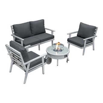 LeisureMod Walbrooke Modern White Patio Conversation With Round Fire Pit With Slats Design & Tank Holder