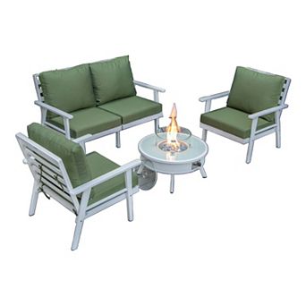 LeisureMod Walbrooke Modern White Patio Conversation With Round Fire Pit With Slats Design & Tank Holder