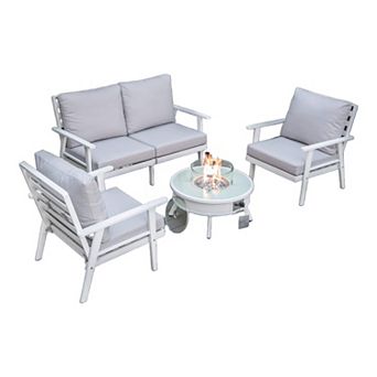 LeisureMod Walbrooke Modern White Patio Conversation With Round Fire Pit With Slats Design & Tank Holder