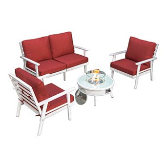 LeisureMod Walbrooke Modern White Patio Conversation With Round Fire Pit With Slats Design & Tank Holder