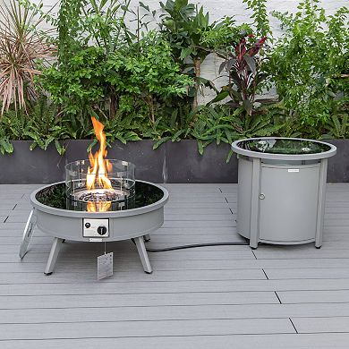 LeisureMod Walbrooke Modern Grey Patio Conversation With Round Fire Pit & Tank Holder
