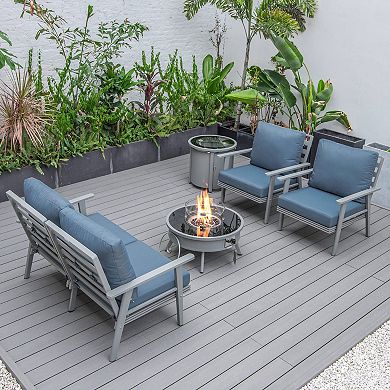 LeisureMod Walbrooke Modern Grey Patio Conversation With Round Fire Pit & Tank Holder