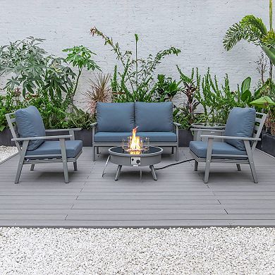 LeisureMod Walbrooke Modern Grey Patio Conversation With Round Fire Pit & Tank Holder