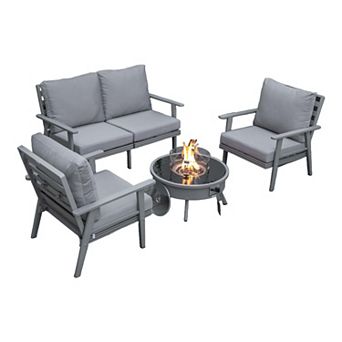 LeisureMod Walbrooke Modern Grey Patio Conversation With Round Fire Pit & Tank Holder