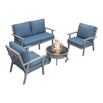 LeisureMod Walbrooke Modern Grey Patio Conversation With Round Fire Pit & Tank Holder