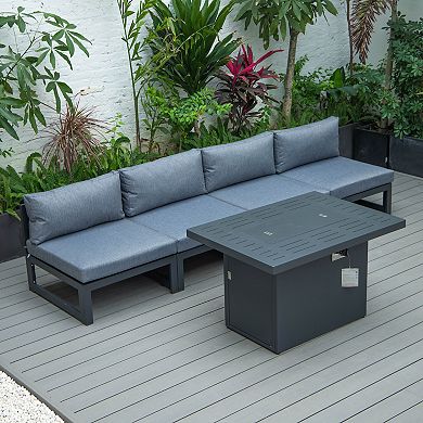 LeisureMod Chelsea 5-Piece Middle Patio Chairs and Fire Pit Table Set Black Aluminum With Cushions
