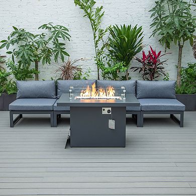 LeisureMod Chelsea 5-Piece Middle Patio Chairs and Fire Pit Table Set Black Aluminum With Cushions