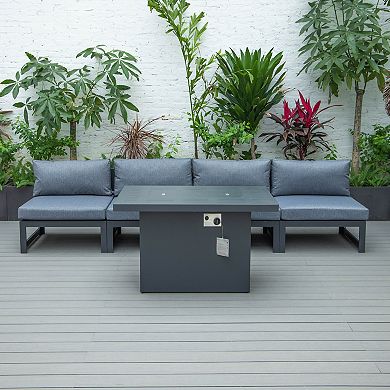 LeisureMod Chelsea 5-Piece Middle Patio Chairs and Fire Pit Table Set Black Aluminum With Cushions