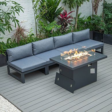 LeisureMod Chelsea 5-Piece Middle Patio Chairs and Fire Pit Table Set Black Aluminum With Cushions