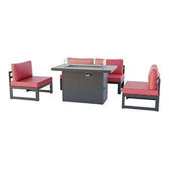 LeisureMod Chelsea 5 pc Middle Patio Chairs and Fire Pit Table Set Black Aluminum With Cushions