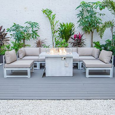LeisureMod Chelsea 7-Piece Patio Sectional And Fire Pit Table Weathered Grey Aluminum With Cushions