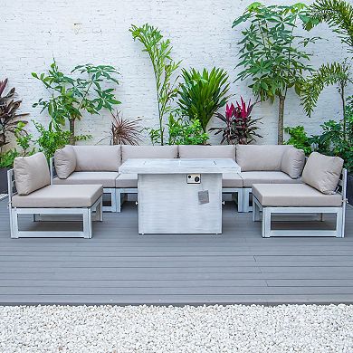LeisureMod Chelsea 7-Piece Patio Sectional And Fire Pit Table Weathered Grey Aluminum With Cushions