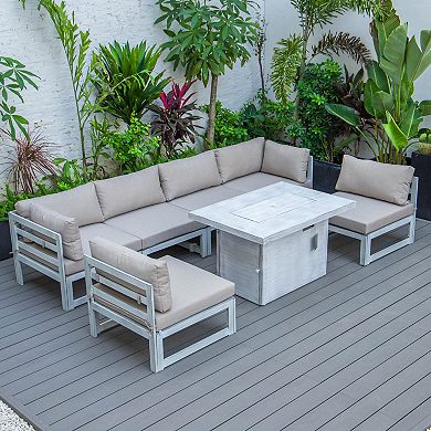LeisureMod Chelsea 7-Piece Patio Sectional And Fire Pit Table Weathered Grey Aluminum With Cushions