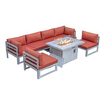 LeisureMod Chelsea 7 pc Patio Sectional And Fire Pit Table Weathered Grey Aluminum With Cushions