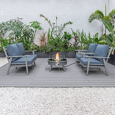 LeisureMod Walbrooke Modern Grey Patio Conversation With Round Fire Pit With Slats Design & Tank Holder