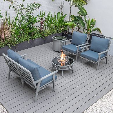 LeisureMod Walbrooke Modern Grey Patio Conversation With Round Fire Pit With Slats Design & Tank Holder