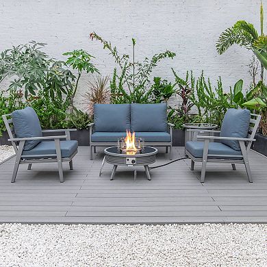 LeisureMod Walbrooke Modern Grey Patio Conversation With Round Fire Pit With Slats Design & Tank Holder