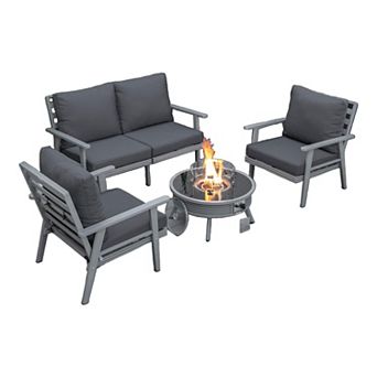 LeisureMod Walbrooke Modern Grey Patio Conversation With Round Fire Pit With Slats Design & Tank Holder
