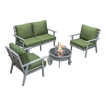 LeisureMod Walbrooke Modern Grey Patio Conversation With Round Fire Pit With Slats Design & Tank Holder