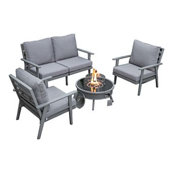 LeisureMod Walbrooke Modern Grey Patio Conversation With Round Fire Pit With Slats Design & Tank Holder