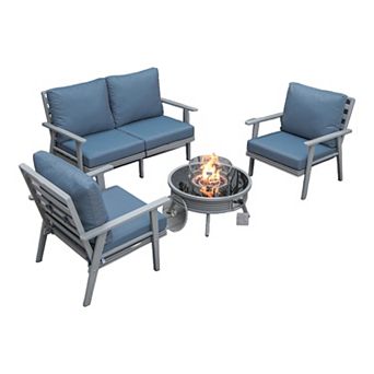 LeisureMod Walbrooke Modern Grey Patio Conversation With Round Fire Pit With Slats Design & Tank Holder