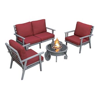 LeisureMod Walbrooke Modern Grey Patio Conversation With Round Fire Pit With Slats Design & Tank Holder