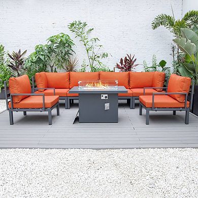 LeisureMod Hamilton 7-Piece Aluminum Patio Conversation Set With Fire Pit Table And Cushions