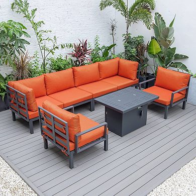 LeisureMod Hamilton 7-Piece Aluminum Patio Conversation Set With Fire Pit Table And Cushions