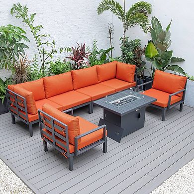 LeisureMod Hamilton 7-Piece Aluminum Patio Conversation Set With Fire Pit Table And Cushions