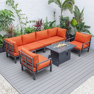 LeisureMod Hamilton 7-Piece Aluminum Patio Conversation Set With Fire Pit Table And Cushions