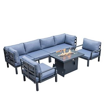 LeisureMod Hamilton 7 pc Aluminum Patio Conversation Set With Fire Pit Table And Cushions