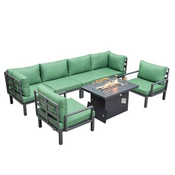 LeisureMod Hamilton 7 pc Aluminum Patio Conversation Set With Fire Pit Table And Cushions