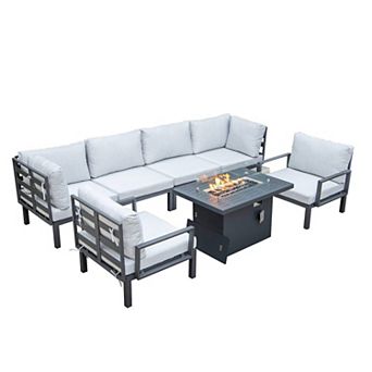 LeisureMod Hamilton 7 pc Aluminum Patio Conversation Set With Fire Pit Table And Cushions