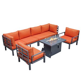 LeisureMod Hamilton 7 pc Aluminum Patio Conversation Set With Fire Pit Table And Cushions