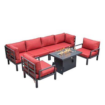 LeisureMod Hamilton 7 pc Aluminum Patio Conversation Set With Fire Pit Table And Cushions