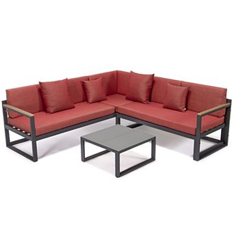 LeisureMod Chelsea Black Sectional With Adjustable Headrest & Coffee Table With Cushions