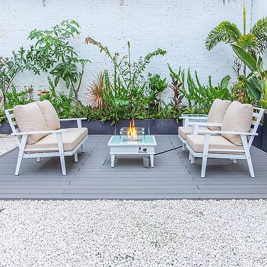 LeisureMod Walbrooke Modern White Patio Conversation With Square Fire Pit With Slats Design & Tank Holder