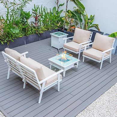 LeisureMod Walbrooke Modern White Patio Conversation With Square Fire Pit With Slats Design & Tank Holder