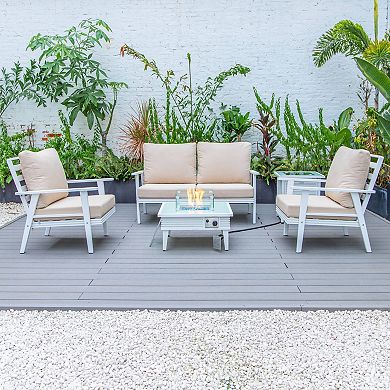 LeisureMod Walbrooke Modern White Patio Conversation With Square Fire Pit With Slats Design & Tank Holder