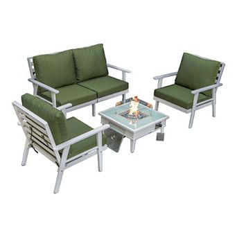 LeisureMod Walbrooke Modern White Patio Conversation With Square Fire Pit With Slats Design & Tank Holder