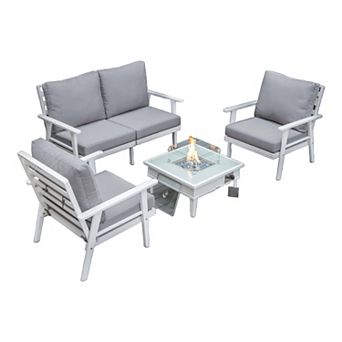 LeisureMod Walbrooke Modern White Patio Conversation With Square Fire Pit With Slats Design & Tank Holder