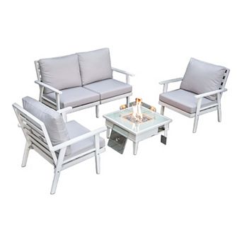 LeisureMod Walbrooke Modern White Patio Conversation With Square Fire Pit With Slats Design & Tank Holder