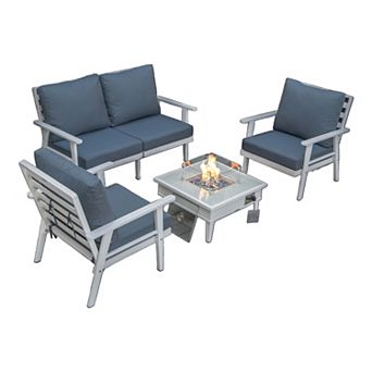 LeisureMod Walbrooke Modern White Patio Conversation With Square Fire Pit With Slats Design & Tank Holder