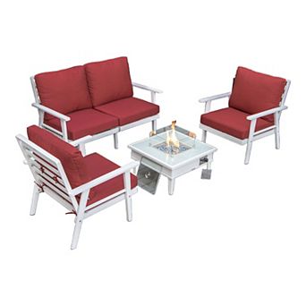 LeisureMod Walbrooke Modern White Patio Conversation With Square Fire Pit With Slats Design & Tank Holder