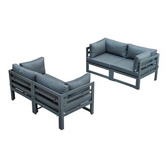 LeisureMod Chelsea 4 pc Sectional Loveseat Set Black Aluminum with Cushions
