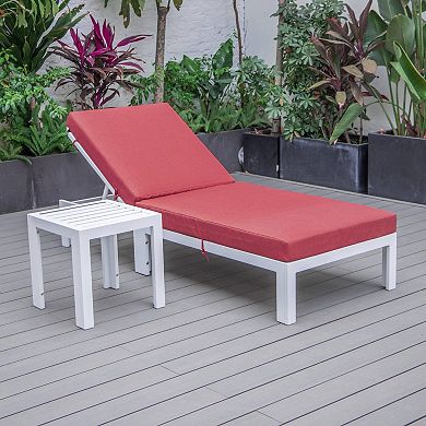 LeisureMod Chelsea Modern Outdoor White Chaise Lounge Chair With Side Table & Cushions