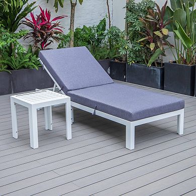 LeisureMod Chelsea Modern Outdoor White Chaise Lounge Chair With Side Table & Cushions